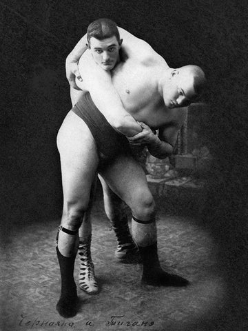 Hip Throw: Russian Wrestlers Black Ornate Wood Framed Art Print with Double Matting by Vintage Wrestler
