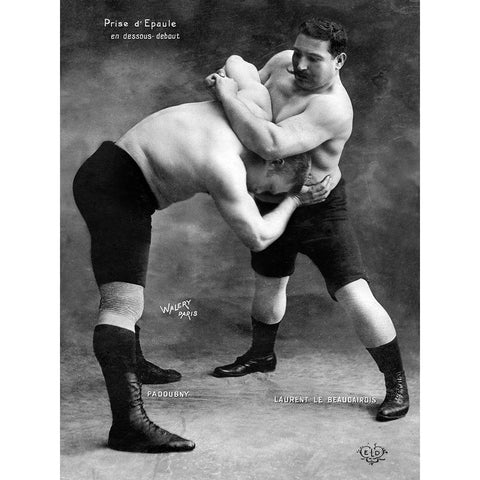 Prise dEpaule en Dessous Debout Black Modern Wood Framed Art Print by Vintage Wrestler