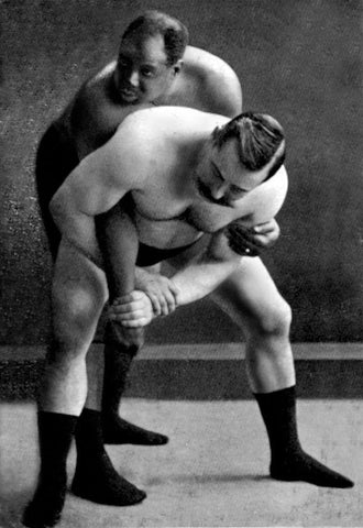 Wrist Lock: Russian Wrestlers Black Ornate Wood Framed Art Print with Double Matting by Vintage Wrestler