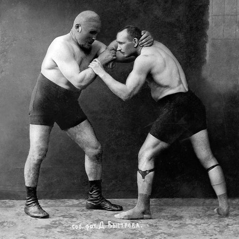 Russian Wrestlers White Modern Wood Framed Art Print by Vintage Wrestler