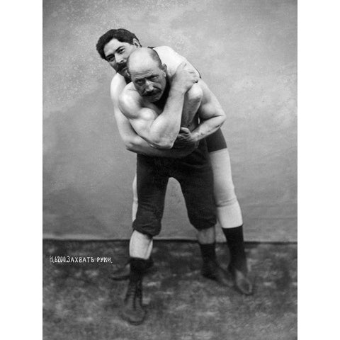 Wrestling Hold from Behind Black Modern Wood Framed Art Print by Vintage Wrestler
