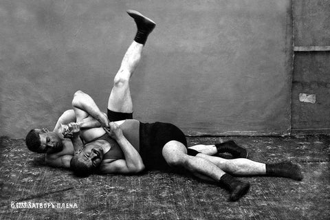 The Pin: Russian Wrestlers Black Ornate Wood Framed Art Print with Double Matting by Vintage Wrestler