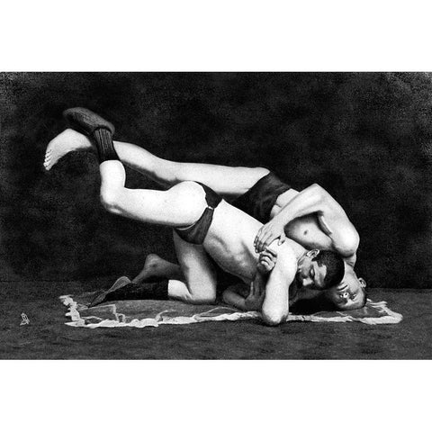 Post and Drop Black Modern Wood Framed Art Print with Double Matting by Vintage Wrestler