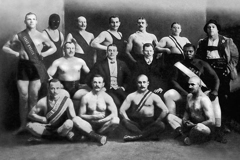 Team of Champion Russian Wrestlers Black Ornate Wood Framed Art Print with Double Matting by Vintage Wrestler