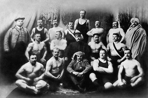 Group of Russian Wrestlers White Modern Wood Framed Art Print with Double Matting by Vintage Wrestler