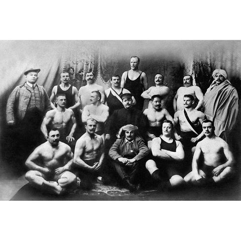Group of Russian Wrestlers Black Modern Wood Framed Art Print by Vintage Wrestler