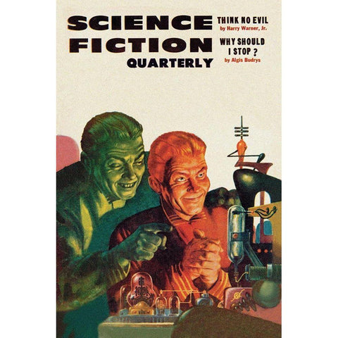 Science Fiction Quarterly: Diabolical Scheming White Modern Wood Framed Art Print by Retrosci-fi