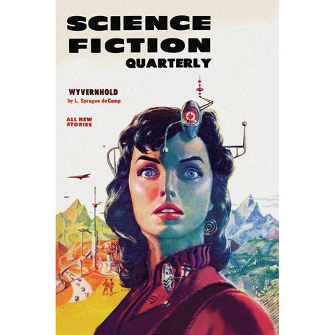 Science Fiction Quarterly: Woman with Forehead Transmitter White Modern Wood Framed Art Print by Retrosci-fi