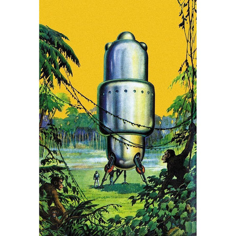 Spaceship in the Jungle White Modern Wood Framed Art Print by Retrosci-fi