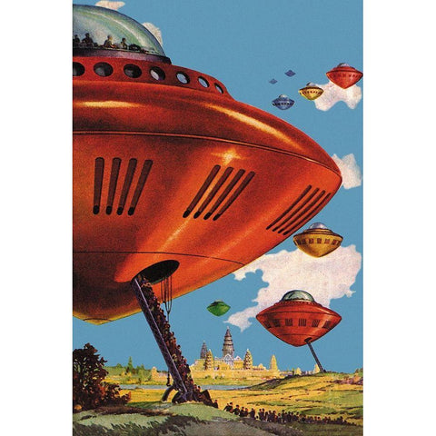 Spaceships at Angkor Wat Gold Ornate Wood Framed Art Print with Double Matting by Retrosci-fi