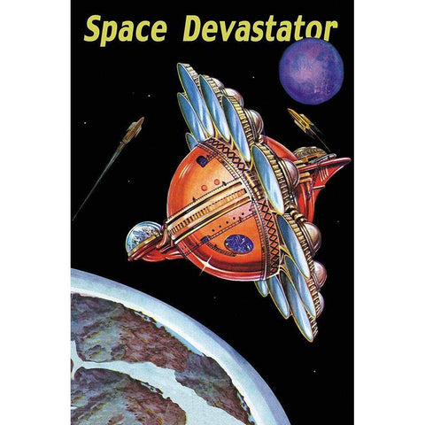 Space Devastator White Modern Wood Framed Art Print by Retrosci-fi