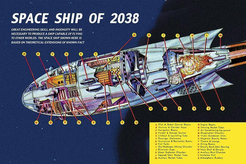 Space Ship of 2038 White Modern Wood Framed Art Print with Double Matting by Retrosci-fi