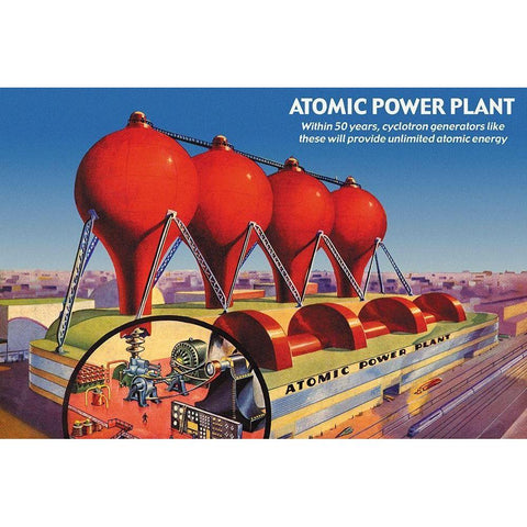 Atomic Power Plant White Modern Wood Framed Art Print by Retrosci-fi