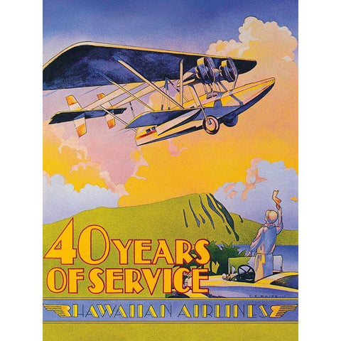 Hawaiian Airlines - 40 Years of Service Gold Ornate Wood Framed Art Print with Double Matting by White, C.E.