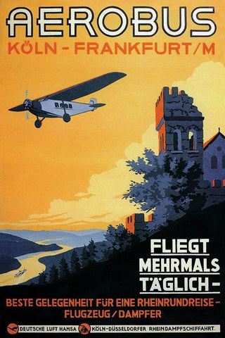 Cologne Frankfurt Aerobus and Rhine Castle Black Ornate Wood Framed Art Print with Double Matting by Siegwardt, K.