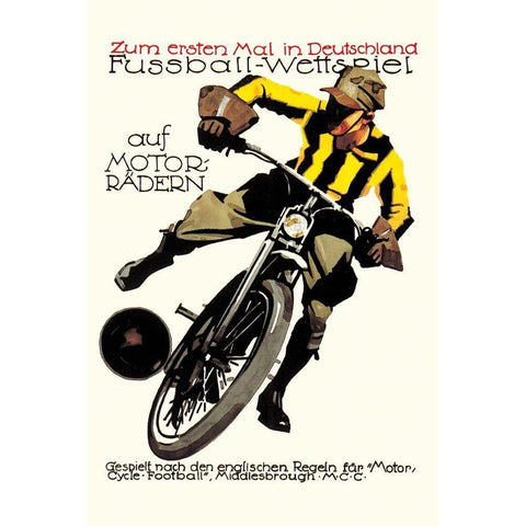 Soccer on Motorcycle White Modern Wood Framed Art Print by Unknown