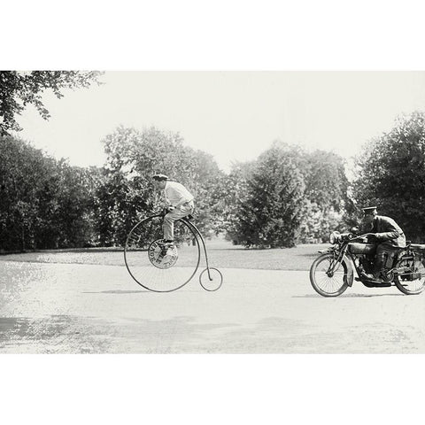 Motorcycle cop chases a Penny Farthing Velocipede Black Modern Wood Framed Art Print by Unknown