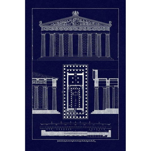 The Parthenon at Athens (Blueprint) White Modern Wood Framed Art Print by Buhlmann, J.