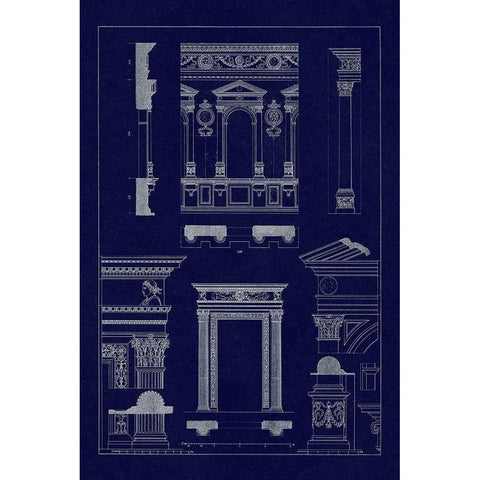 Window in the Cortile of Dodges Palace, Palazzo Vecchio, and Santa Croce (Blueprint) Black Modern Wood Framed Art Print with Double Matting by Buhlmann, J.