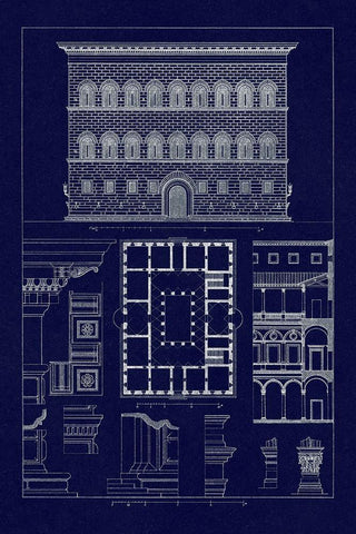 Palazzo Strozzi at Florence (Blueprint) Black Ornate Wood Framed Art Print with Double Matting by Buhlmann, J.
