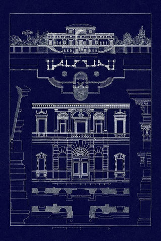 Villa Sacchetti, Villa Papa Giulio at Rome (Blueprint) White Modern Wood Framed Art Print with Double Matting by Buhlmann, J.