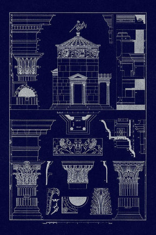 Tower of the Winds and Stoa of Hadrian (Blueprint) Black Ornate Wood Framed Art Print with Double Matting by Buhlmann, J.