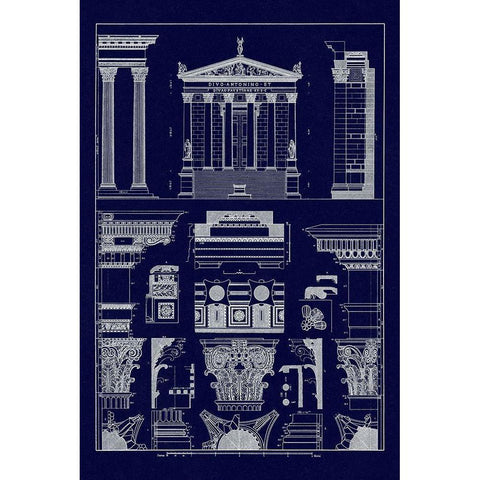 Temples of Antonius, Castor and Mars (Blueprint) White Modern Wood Framed Art Print by Buhlmann, J.