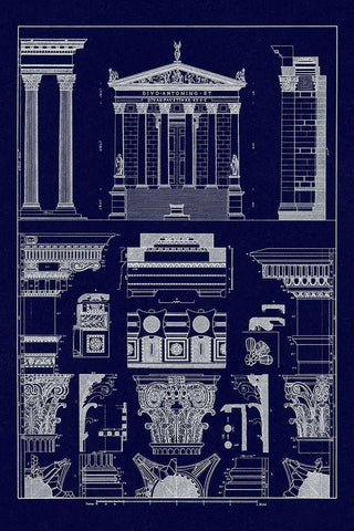 Temples of Antonius, Castor and Mars (Blueprint) Black Ornate Wood Framed Art Print with Double Matting by Buhlmann, J.