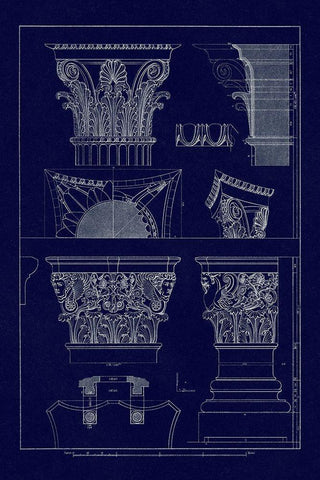 Ancient Capitals (Blueprint) Black Ornate Wood Framed Art Print with Double Matting by Buhlmann, J.