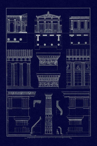 Doric Order, Temple of Zeus and Cased Column (Blueprint) Black Ornate Wood Framed Art Print with Double Matting by Buhlmann, J.