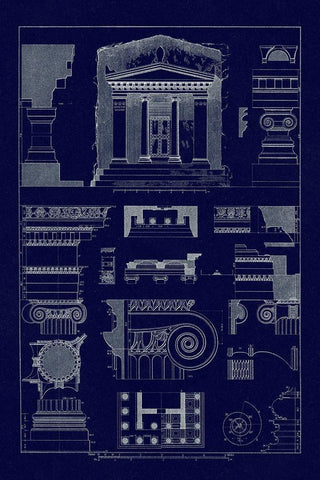 Tomb of Amyntas and Temple of Athena Polias (Blueprint) Black Ornate Wood Framed Art Print with Double Matting by Buhlmann, J.