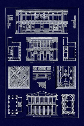 Halls with Galleries (Blueprint) White Modern Wood Framed Art Print with Double Matting by Buhlmann, J.