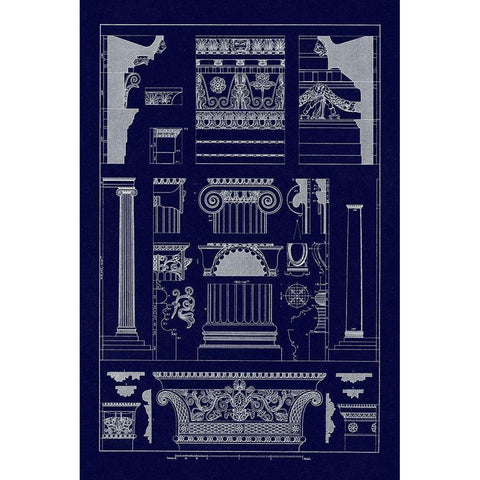 Entablatures and Capitals (Blueprint) Black Modern Wood Framed Art Print by Buhlmann, J.