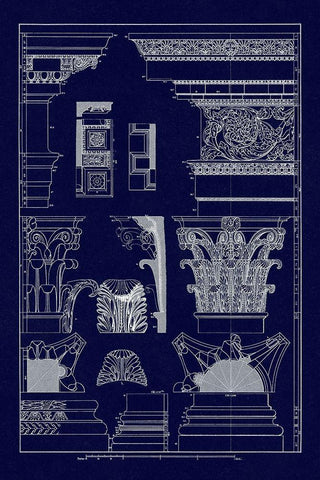 Entablatures, Capitals and Bases (Blueprint) Black Ornate Wood Framed Art Print with Double Matting by Buhlmann, J.