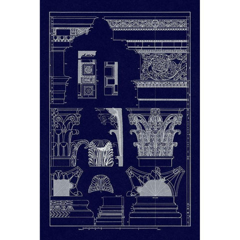 Entablatures, Capitals and Bases (Blueprint) Black Modern Wood Framed Art Print by Buhlmann, J.