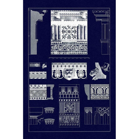 Entablatures, Terracottas and Cymas (Blueprint) Black Modern Wood Framed Art Print with Double Matting by Buhlmann, J.