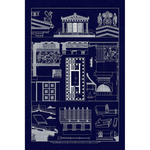 Temples and Roofings (Blueprint) Black Modern Wood Framed Art Print with Double Matting by Buhlmann, J.