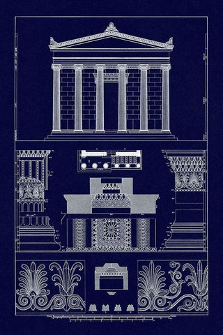 Portico, Coffer and Palmette-Ornament (Blueprint) Black Ornate Wood Framed Art Print with Double Matting by Buhlmann, J.