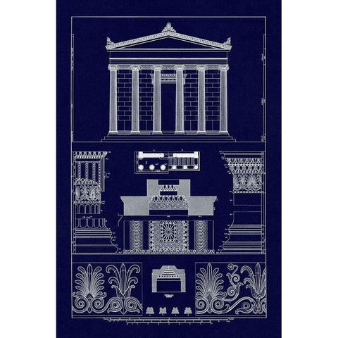 Portico, Coffer and Palmette-Ornament (Blueprint) Black Modern Wood Framed Art Print by Buhlmann, J.