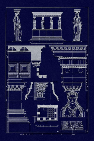 Porch of the Caryatids (Blueprint) White Modern Wood Framed Art Print with Double Matting by Buhlmann, J.