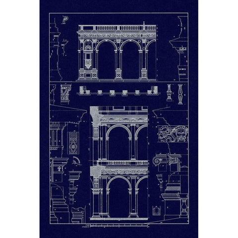 Porch of the Cathedral of Spoleto and Arcade from Palazzo Farnese (Blueprint) Black Modern Wood Framed Art Print with Double Matting by Buhlmann, J.