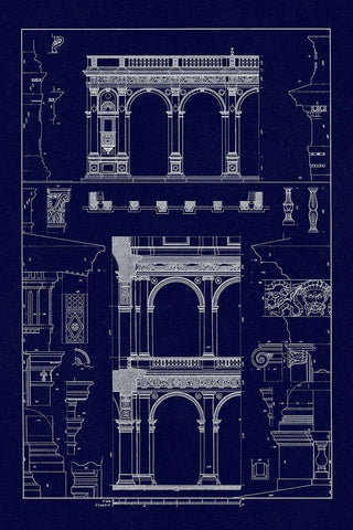 Porch of the Cathedral of Spoleto and Arcade from Palazzo Farnese (Blueprint) White Modern Wood Framed Art Print with Double Matting by Buhlmann, J.