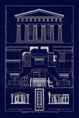Temple of Poseidon at Paestum (Blueprint) White Modern Wood Framed Art Print with Double Matting by Buhlmann, J.