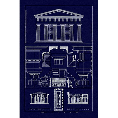 Temple of Poseidon at Paestum (Blueprint) Black Modern Wood Framed Art Print by Buhlmann, J.