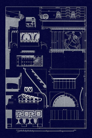Details of Parthenon at Athens (Blueprint) Black Ornate Wood Framed Art Print with Double Matting by Buhlmann, J.
