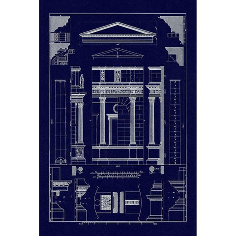 Pediment of Temple at Assisi (Blueprint) Gold Ornate Wood Framed Art Print with Double Matting by Buhlmann, J.