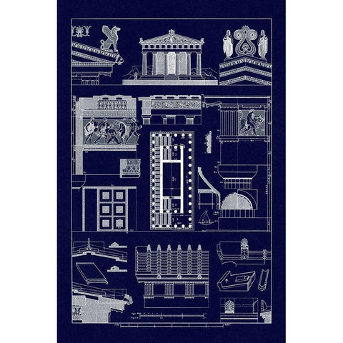 Temple of Athene and Theseus, Polychrome (Blueprint) Black Modern Wood Framed Art Print by Buhlmann, J.