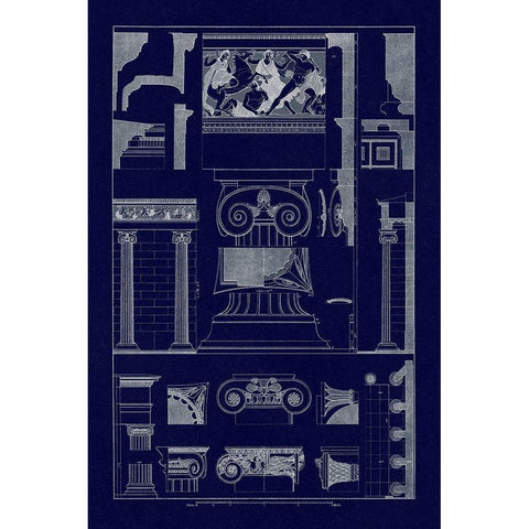 Ionic Orders and Capitals, Polychrome (Blueprint) Black Modern Wood Framed Art Print by Buhlmann, J.