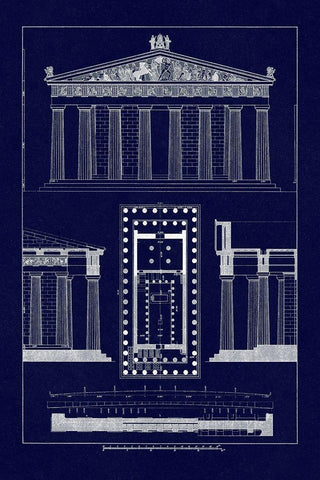 The Parthenon at Athens, Polychrome (Blueprint) Black Ornate Wood Framed Art Print with Double Matting by Buhlmann, J.