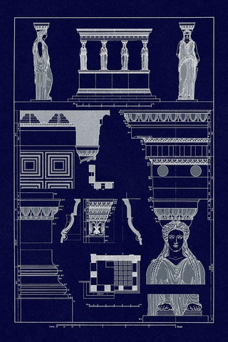 Porch of Caryatids, Polychrome (Blueprint) Black Ornate Wood Framed Art Print with Double Matting by Buhlmann, J.